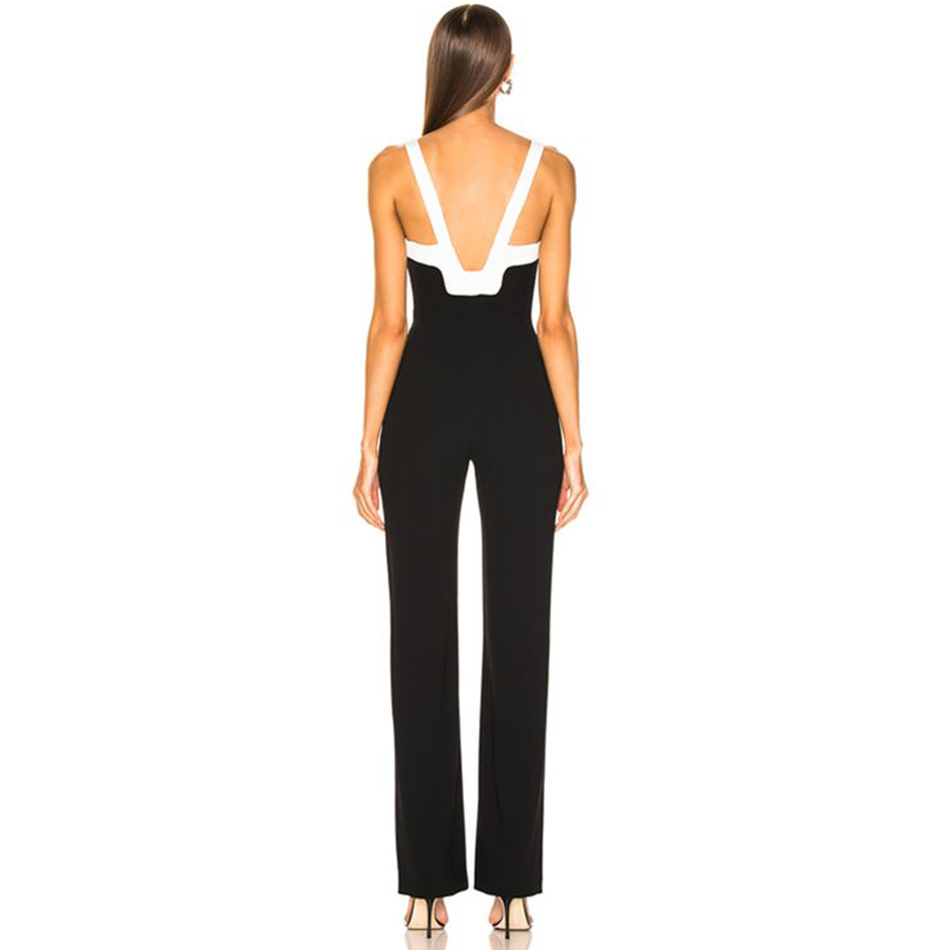 Summer Women's Fashion Bandage Jumpsuits Club Vestidos Black And White Patchwork Backless Ladies Bodycon 210423