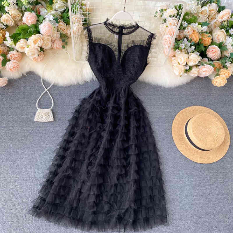 Elegant Summer Dress Women O Neck Sleeveless Midi Female Solid Color Sweet Mesh Dresses A-line Ruffles Cake Dress Vestidos 210521