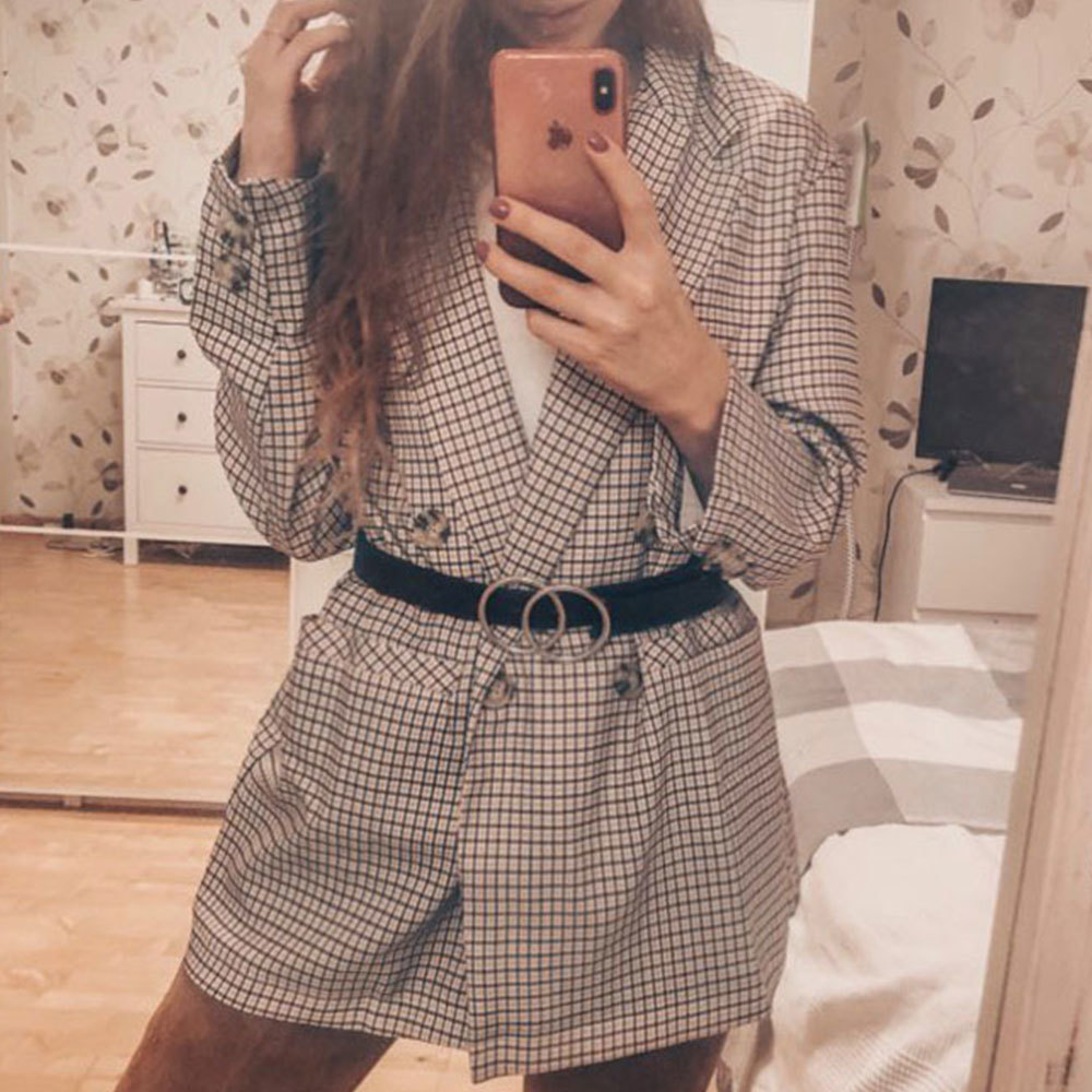 Elegant Plaid Blazer Dress Winter Autumn Women Long Sleeve Oversized Jacket Office Lady Bodycon Casual Streetwear 210428