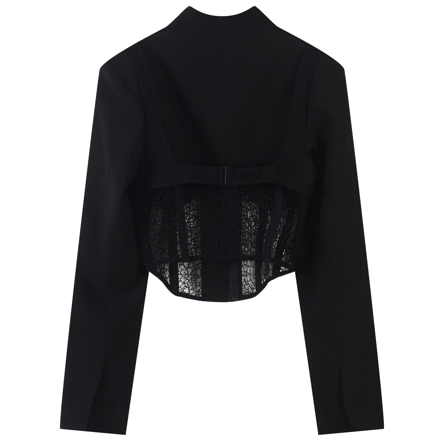 [DEAT] Nothed Collar Hollow Out Lace Patchwork Fishbone Waist Pockets Long Sleeve Black Suit Jacket For Women Spring GX427 210428