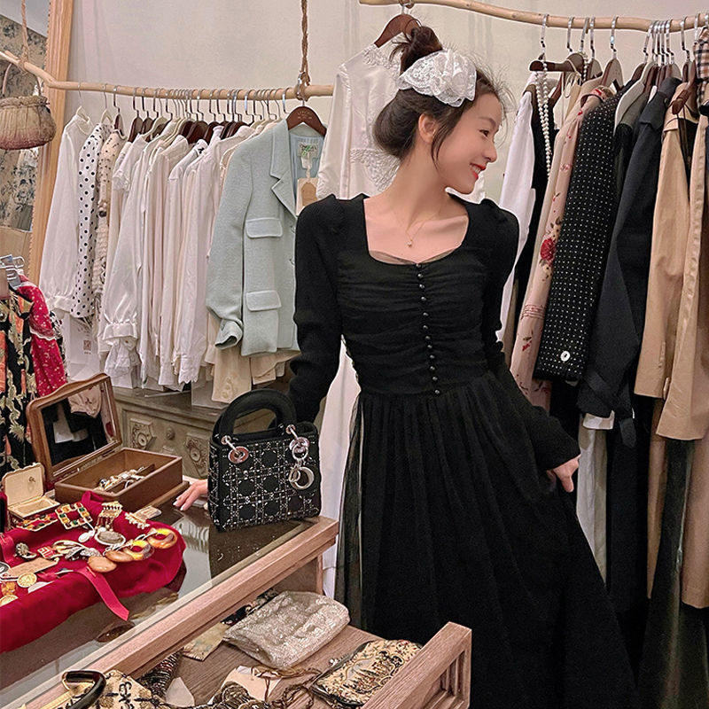 Knit Dress Korea Spring Lace Elegant Dress Ladies Long Sleeve Square Collar Slim Fairy Office Vintage Dress Women 210521