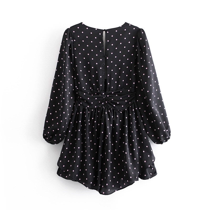 Retro Women Pink Polka Dot Print Black Long sleeve Mini Dress Sexy Pleated Ruched Hollow Out Back Party Dresses 210429