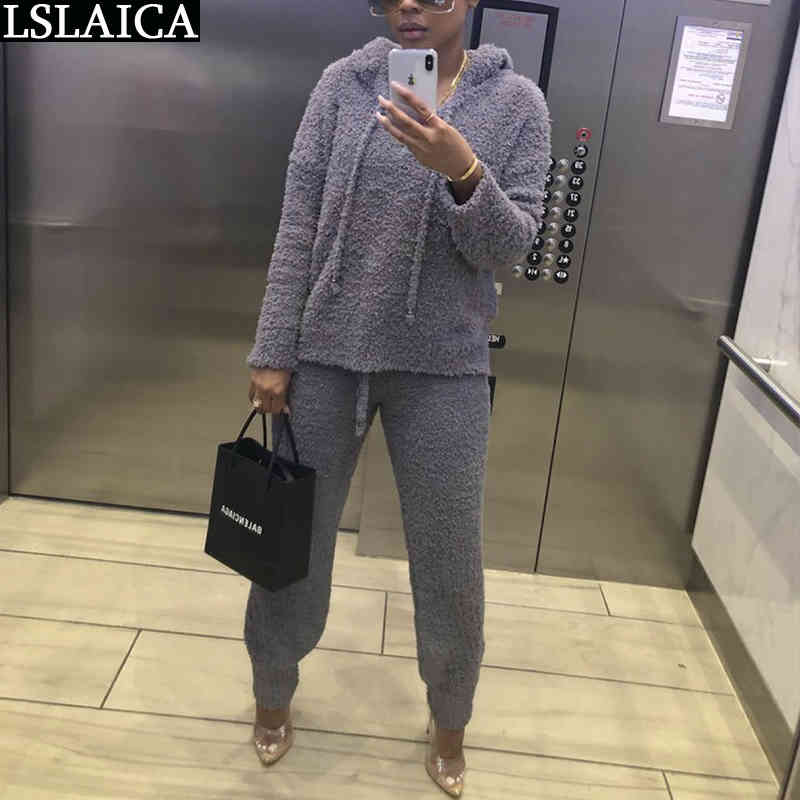 2 Piece Set Women Autumn Winter Lounge Wear Fashion Hooded Long Sleeve Tops Drawstring Pants Sets Casual Outfits for 210515