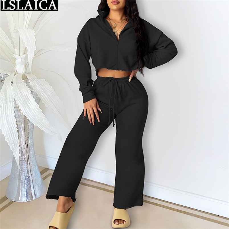 Casual Tracksuit Outfits Long Sleeve Zipper Crop Tops Strappy Loose Pants 2 Peice Sets for Women Solid Plus Size Autumn Conjunto 210515