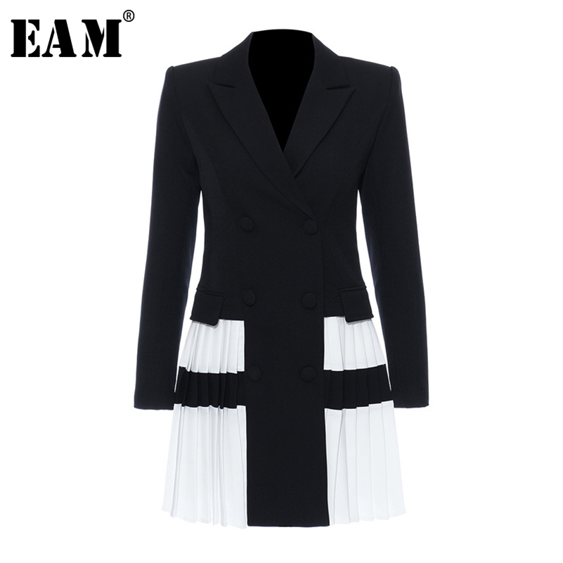 [EAM] Women Black Contrast Color Pleated Blazer Lapel Long Sleeve Loose Fit Jacket Fashion Spring Autumn 1T306 211104