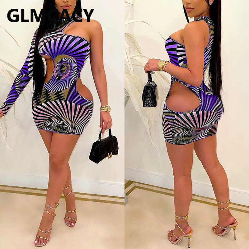 Women One Shoulder Cut Out Bodycon Dress Abstract Skinny Party Club Mini Dresses 210702