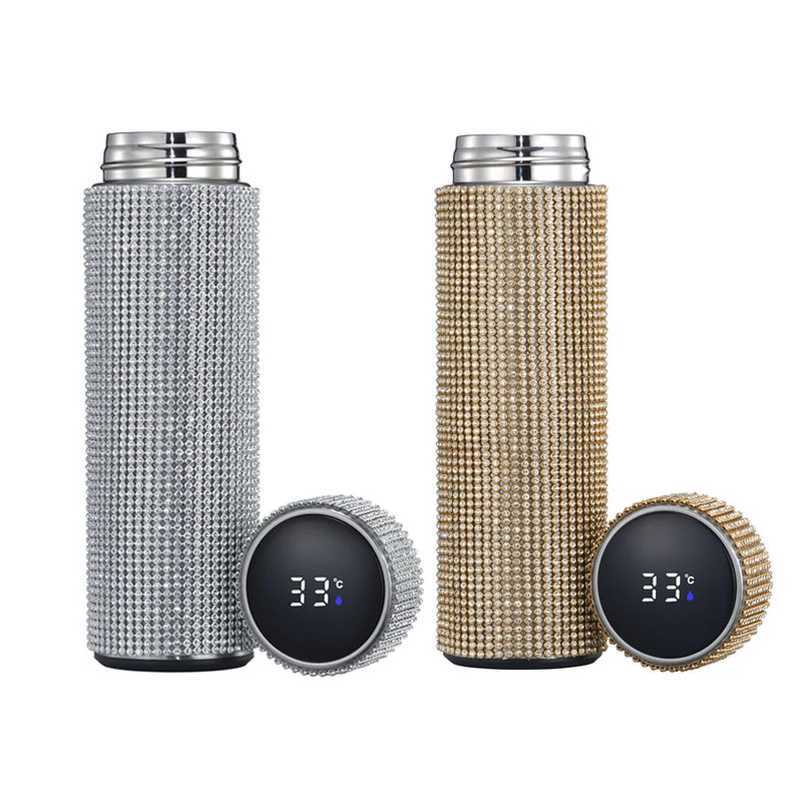 Creative Diamond Thermos Bottle Water Stainless Steel Smart Temperature Display Vacuum Flask Mug Gift for Men Women 210615