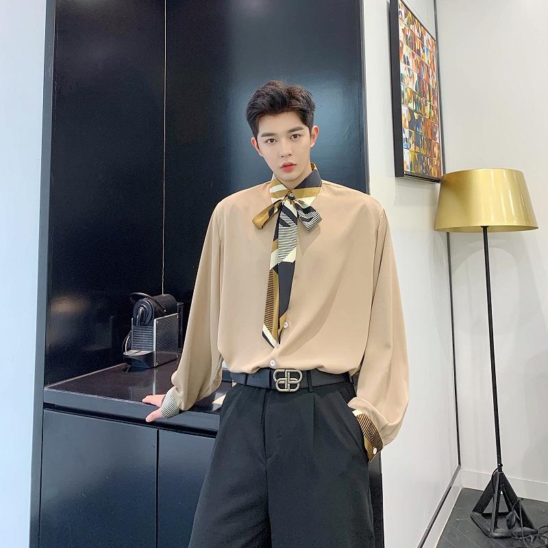 Men's Casual Shirts Men Vintage Splice Collar Bow Tie Long Sleeve Loose Japan Korea Style Male Fashion Show Dress Stage Clothes