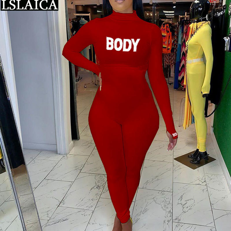 Sexy Jumpsuit Clubwear Long Sleeve High Waist Skinny Fashion Ladies Jumpsuits Solid Letter Print Knitted Casual Jumpersuit Women 210520