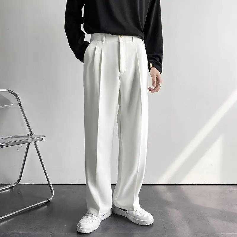 Straight Wide Leg Suit Pants Mens Autumn Casual Trousers Office Busiess Man Dress Pants Loose Korean Formal Elegant Solid White Y0811