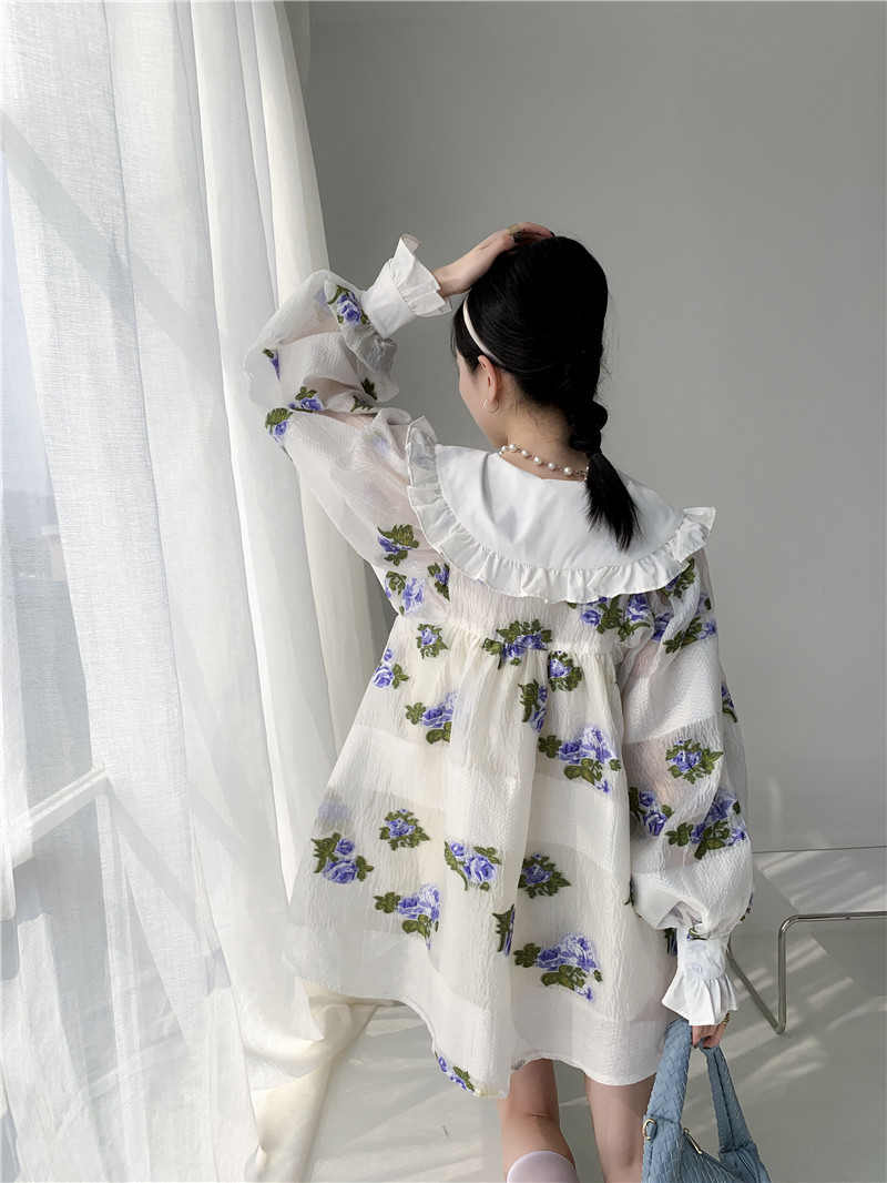 Petal Jacquard Ruffle Neck Long Sleeve Dress Ball Gown For Women Spring White Cute Floral Mini Korean Style 210427