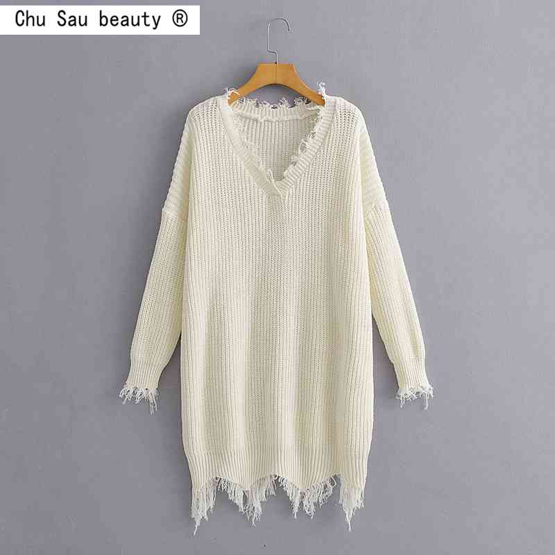 autumn winter women white V-neck tassel mid-length high waist loose pullover knitted sweater tops mujer suteres 210508