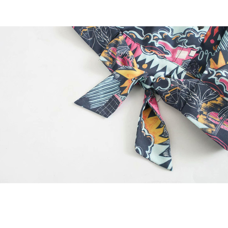 Women's Shirt Bowknot Decorated Sexy Navel Harajuku Chic Female Tops Lapel Single-breasted Short Sleeve Taste Graffiti Print 210507