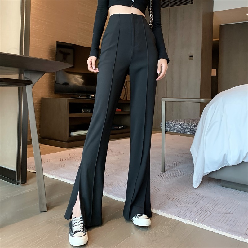 Women's Flare Pants Summer Solid Black White High Waist Pant Woman Office Lady Long Trousers Split Pantalon 210514