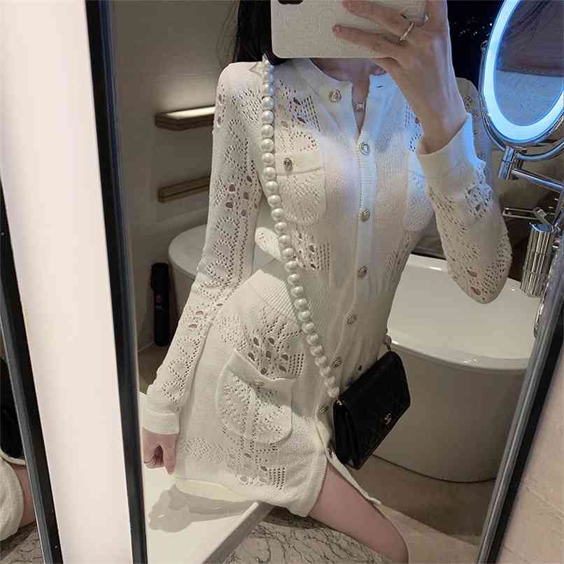 Fashion women's dress spring small fragrance style hollow knit mid-length cardigan 210520, White
Fashion women's dress spring small fragrance style hollow knit mid-length cardigan 210520, White