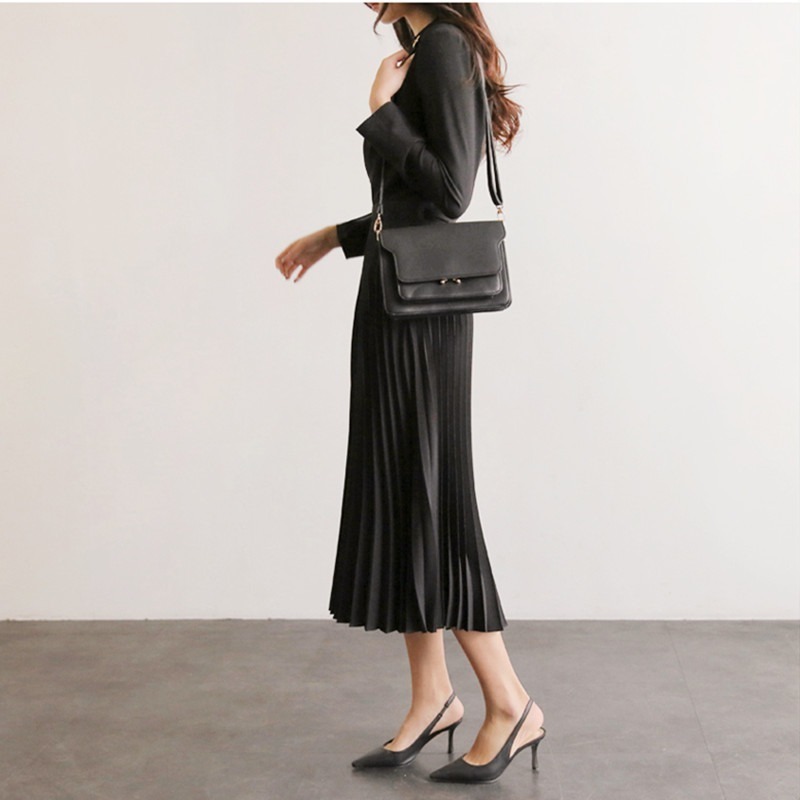 Elegant Pleated Dress Suit Collar Chiffon es Office Lady Women Autumn Korean Loose Midi High Waist with Belt 12922 210506
