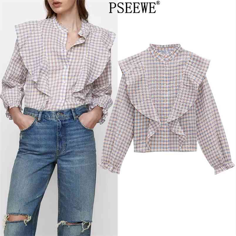 Ruffle Plaid Shirt Woman Spring Fashion Button Up Checkered Women Puff Long Sleeve Harajuku Crop Top 210519
Ruffle Plaid Shirt Woman Spring Fashion Button Up Checkered Women Puff Long Sleeve Harajuku Crop Top 210519