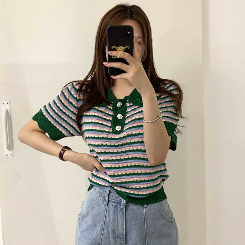 Korejpaa Women T-Shirt Summer Korean Chic Western Style Lapel Three Buttons All-Match Puff Sleeve Color Striped Pullovers 210526