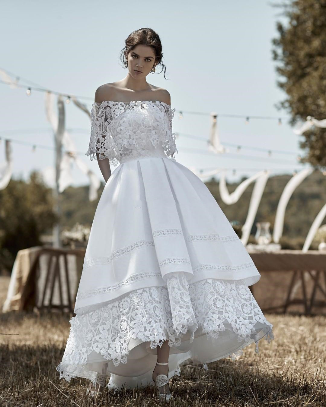 Vintage 1920s' High Low Wedding Dresses Crochet Lace Stain Off Shoulder Puffy Skirt Beach Civil Bridal Dress Vestido De Novia