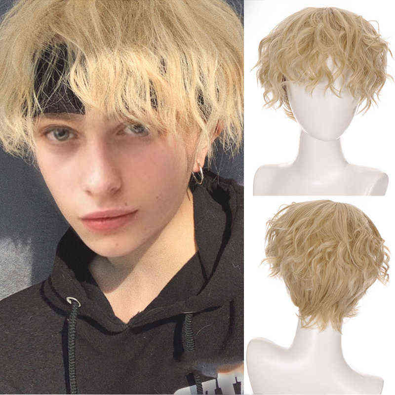 Hairpiece Ailiade Short Curly Cosplay Men Boy Party Light Yellow Synthetic Heat Resistant Hair Wigs Men's Breathable Wig 0121