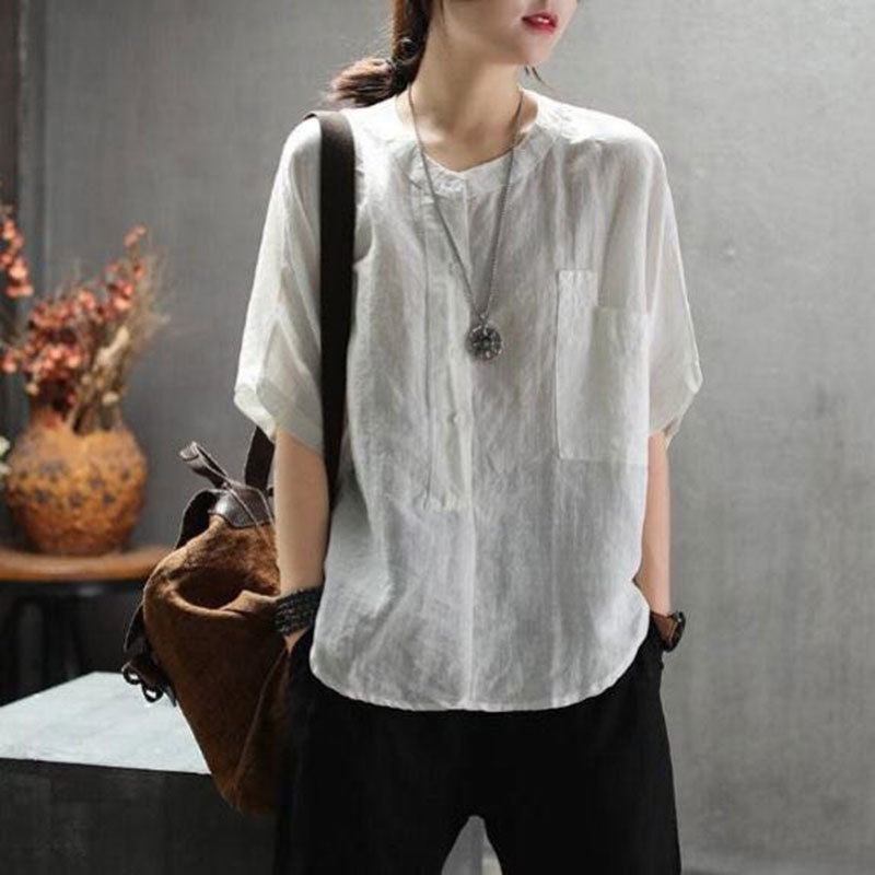 Summer Women Shirts Plus Size Loose O-neck Casual Ladies Tops Batwing Sleeve Cotton Linen Lady Vintga Blouse D5 210512