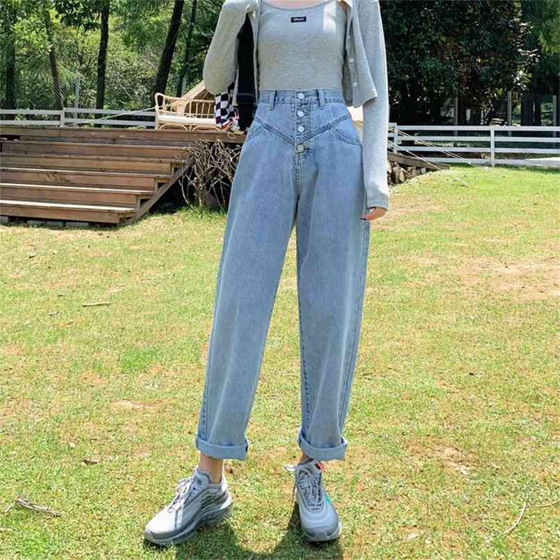 Single-breasted Button Jeans Women Summer Fashion High Waist Pencil Pants Girls Harajuku Loose Causal Street Wear Denim 210601