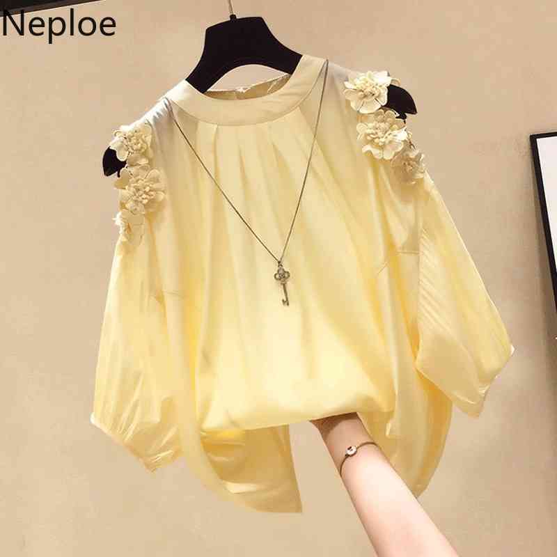 Neploe Tops Mujer O Neck Shoulder Strapless Sexy Chiffon Shirt Feminino Pullover Long Sleeve Loose Solid Blusas Spring Blouse 210422