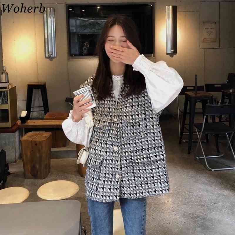 Spring Suit Women Retro Tweed Grid Vest Jacket long Sleeve Solid O Neck Shirt Korean Fashion Elegant 2 Piece Set Female 210519