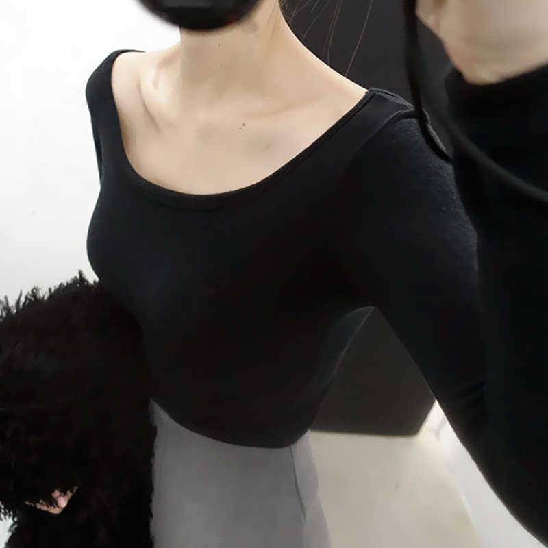 WOMENGAGA Spring Summer Korean T-shirt Female Thread Cotton High Elastic Slim O Neck Long Sleeve Tees Tops CF6Z 210603, Bean green 
WOMENGAGA Spring Summer Korean T-shirt Female Thread Cotton High Elastic Slim O Neck Long Sleeve Tees Tops CF6Z 210603, Bean green