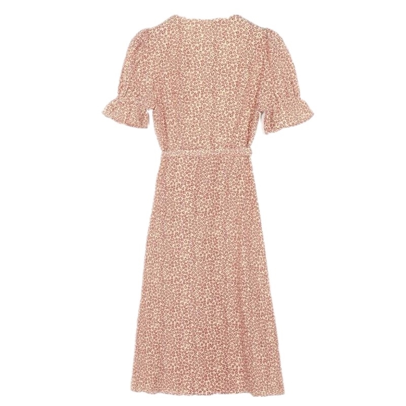 Vintage France style V neck Front Slit Flower Dot Wrap Dress Holiday Woman Tie Bow Lace up Waist Short Sleeve Midi Tea Dresses 210429