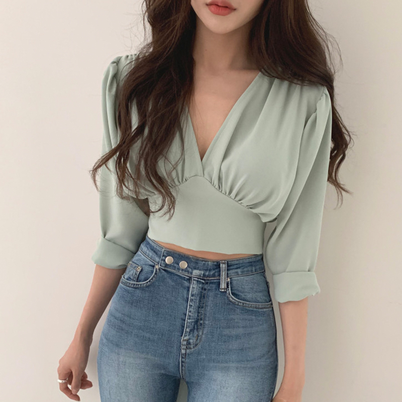 Nomikuma Chic V-neck Short Women Blouse Tops Long Sleeve Korean Solid Shirt Autumn Back Bow Bandage Sexy Blusa Femme 6C332 210427