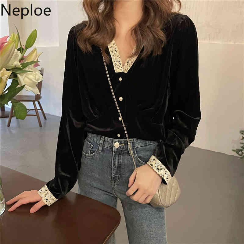 Neploe Women Blouse Lace Patchwork Velvet Shirt Spring V Neck Long Sleeve Vintage Korean Fashion Short Black Blusas Mujer 4H511 210422