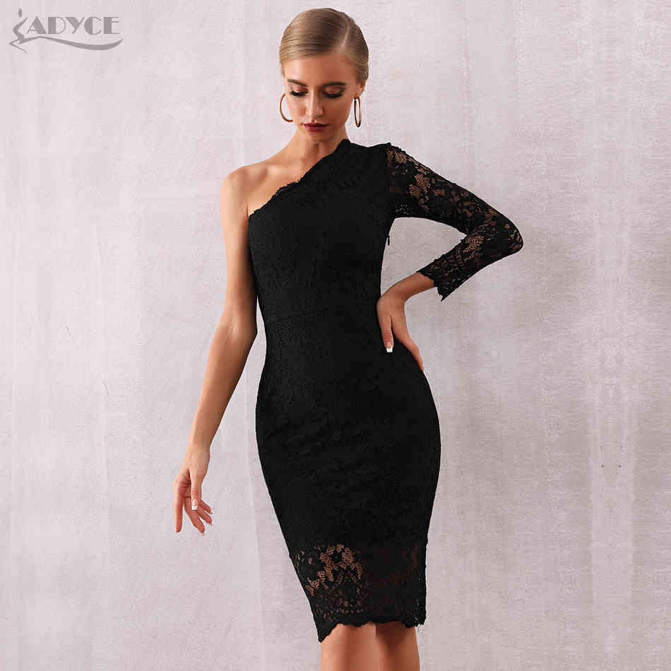 Autumn One Shoulder Lace Bandage Club Dress Women Vestidos Sexy Elegant Black Long Sleeve Celebrity Party Dresses 210423