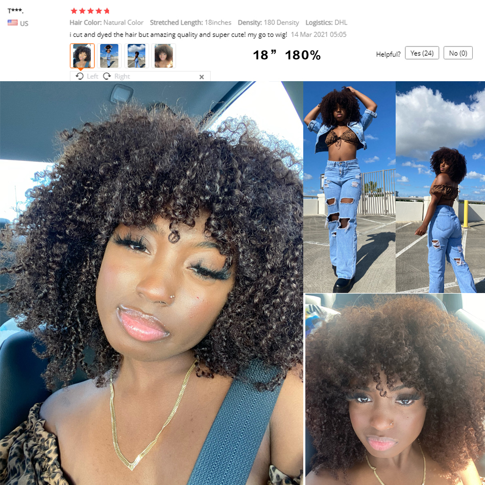 200 Density Short Afro Kinky Curly Remy Brazilian Human Hair Wigs With Bangs Full Lace Front Synthetic Wig For Women