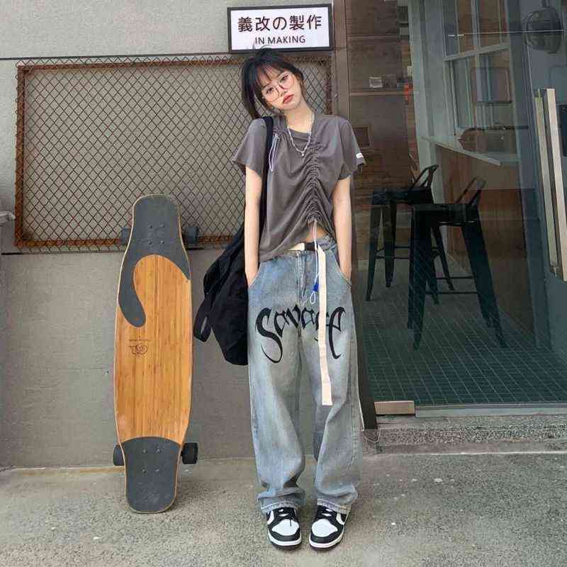 American Streetwear Jeans Hip-hop Letters Printed Loose Belt Trousers Men Retro Hong-kong Style Wide-leg Mopping Baggy Y2k Pants 211120