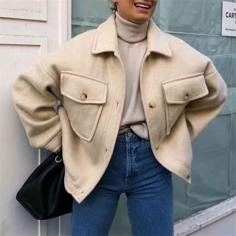 Elegant Women Beige Tweed Coats Fashion Ladies Pocket Button Jackets Streetwear Female Chic Turn Down Collar Outerwear 210430