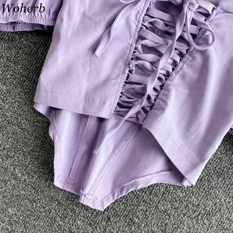 Women's Clothing Korean Blouses Square Neck Fashion Blusas Backless Lace-up White Puff Sleeve Shirts Irregular Crop Tops 210519