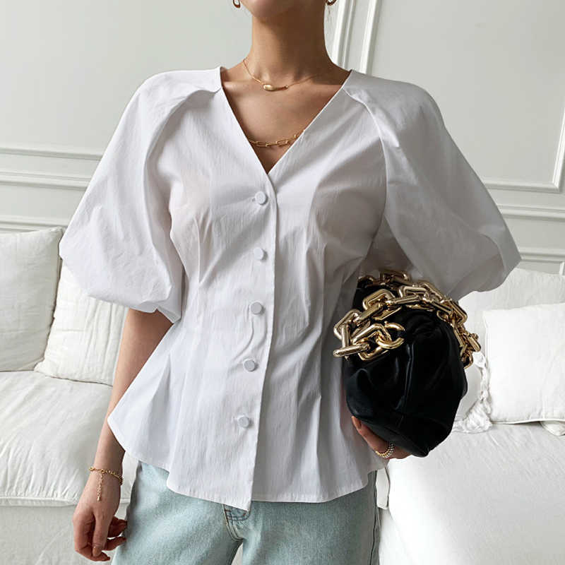 Korejpaa Women Shirt Summer Korean Chic Temperament Deep V-Neck Halter Single-Breasted Pleated Waist Lantern Sleeve Blouses 210526