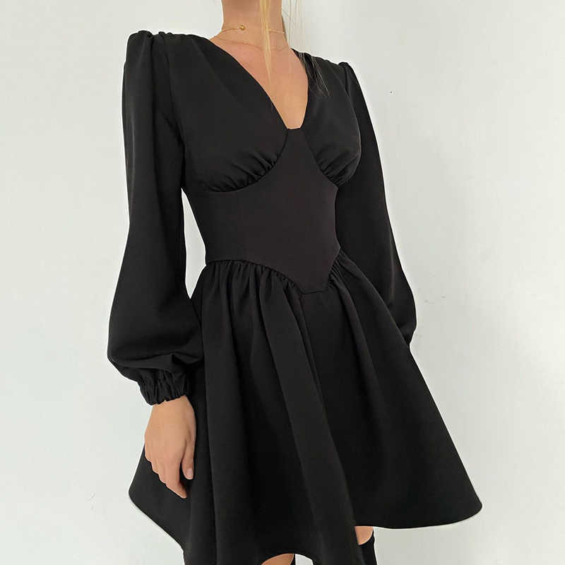 DEAT Women Spring Autumn Solid High Waist V-neck Long Sleeve Temperament Streetwear Style Slim Pleated Dress MZ051 210709