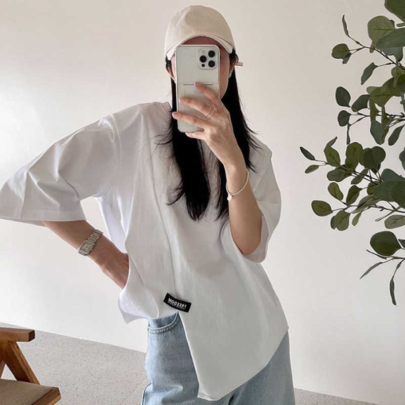Korejpaa Women T-Shirt Summer Korean Chic All-Match Round Neck Loose Irregular Short-Sleeved Small Patches Decoration Tops 210526