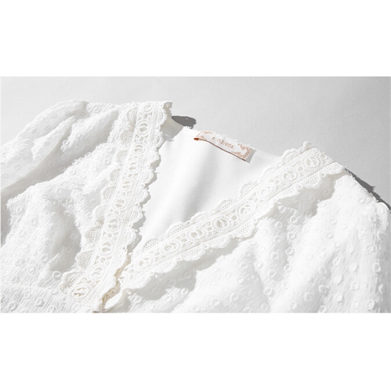 Spring And Autumn Korea Chic White Lace Dress Sexy V-Neck Sweet Slim Waist Temperament Women's Clothing 210520
