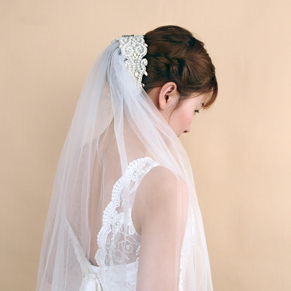 Wedding Veils Lace Appliqued Oner Layer Custom Made Applique Race Pearl Veils with Comb Bride Bridal Accessories