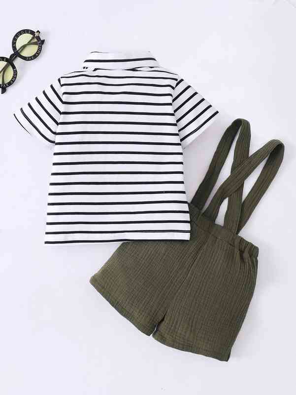 Baby Striped Bow Front Polo Shirt & Suspender Shorts SHE