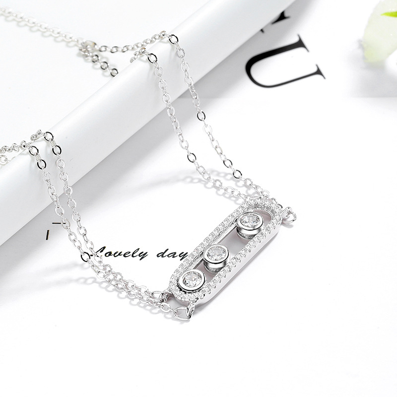 Women 925 Sterling Silver Charm Bracelet Sliding 3 Bead Geometric Cubic Zirconia Double Layers Chains Adjustable Friendship Birthday Gift