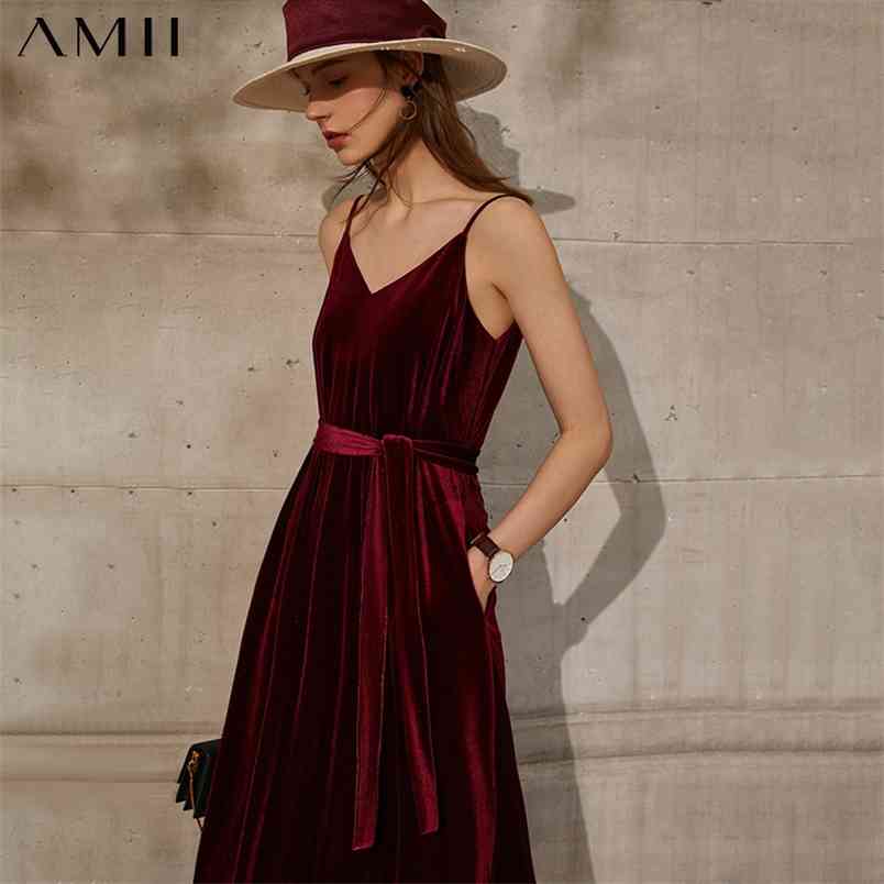 Minimalism Spring Summer Women's Dress Causal Simple Solid Vneck Loose Velvet Calf-length Party Women 12180008 210527