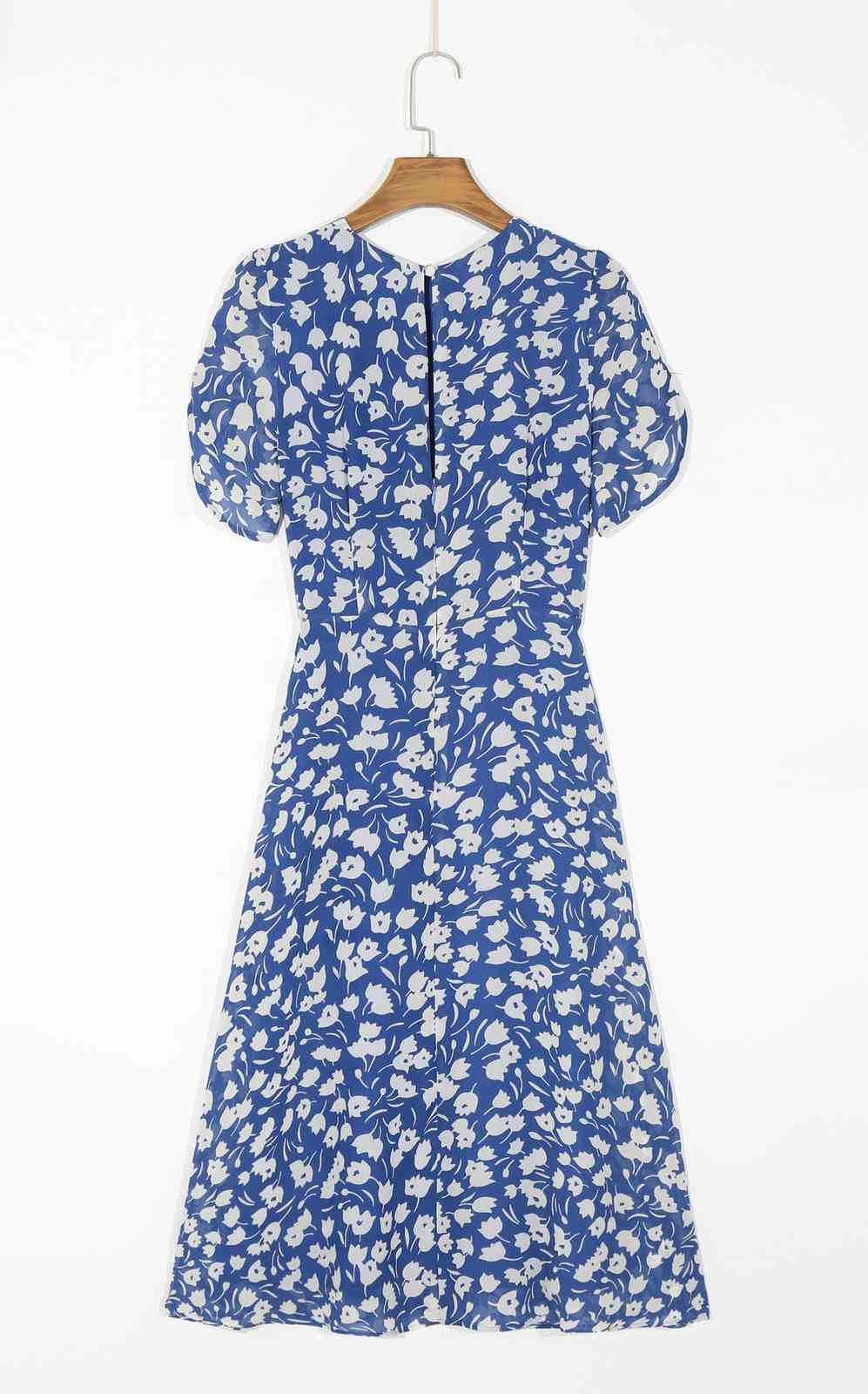 Vintage French Women Hit Color Flower Print Midi Dress Summer Round Collar Short sleeve Slim Chiffon 210429