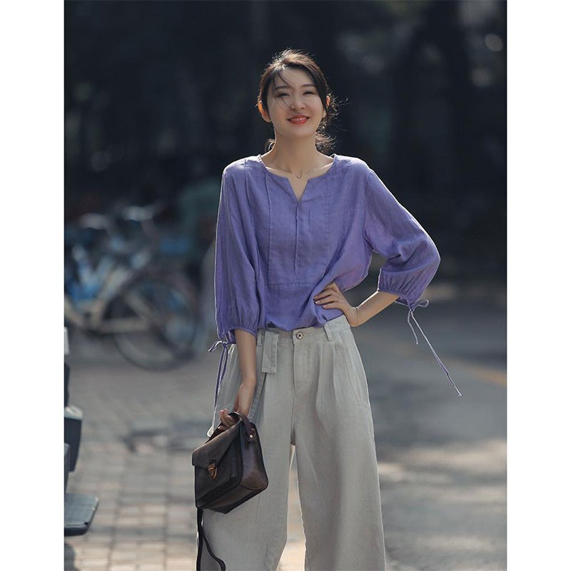 Spring Summer Women 3/4 Sleeve Loose V-neck Shirt 100% Linen Solid Casual Blouses Femme Purple Tops High Quality M249 210512