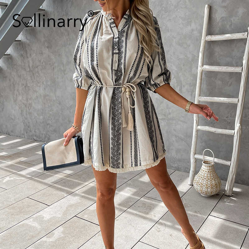 Sollinarry Autumn Beach Lace Up Women Dress Cotton Stripes A-line V Neck Female Mini Dress Regular 3/4 Sleeve Ladies Short Dress 210709