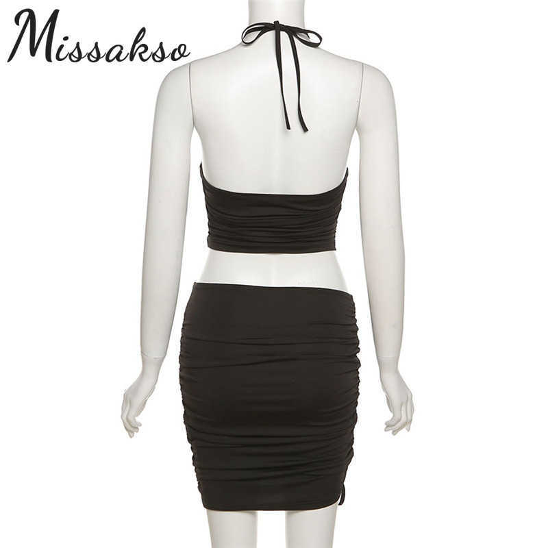 Missakso Cut Out Halter Backless Crop Top and Ruched Drawstring Sexy Skirt Party Club Summer Women Two Piece Set Outfit 210625wtt