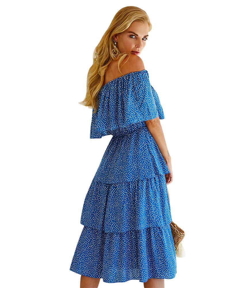 Women Dress Dot Printed Bohemian es Slash Neck Off The Shoulder Beach High Waist Loose Long Summer es 210513